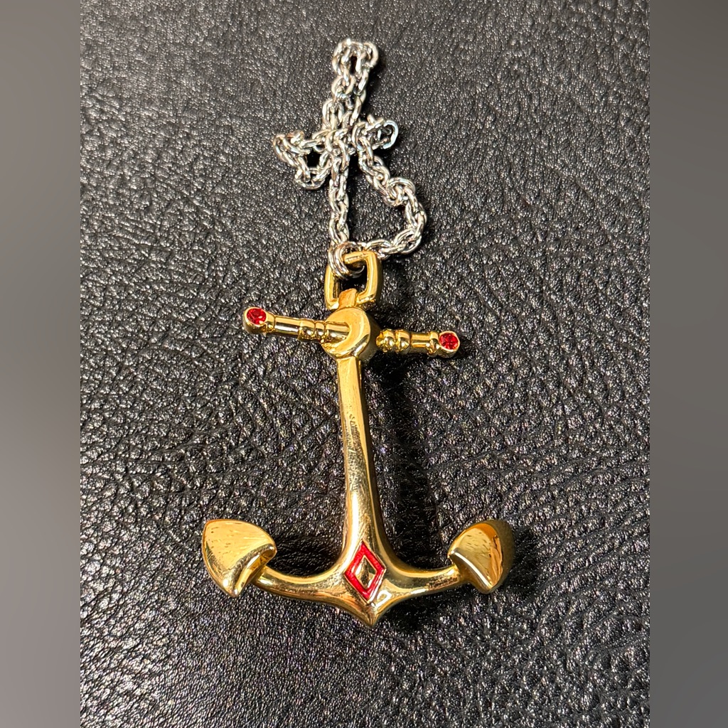 Bob Mackie Gold Anchor Brooch Necklace With Red Accents